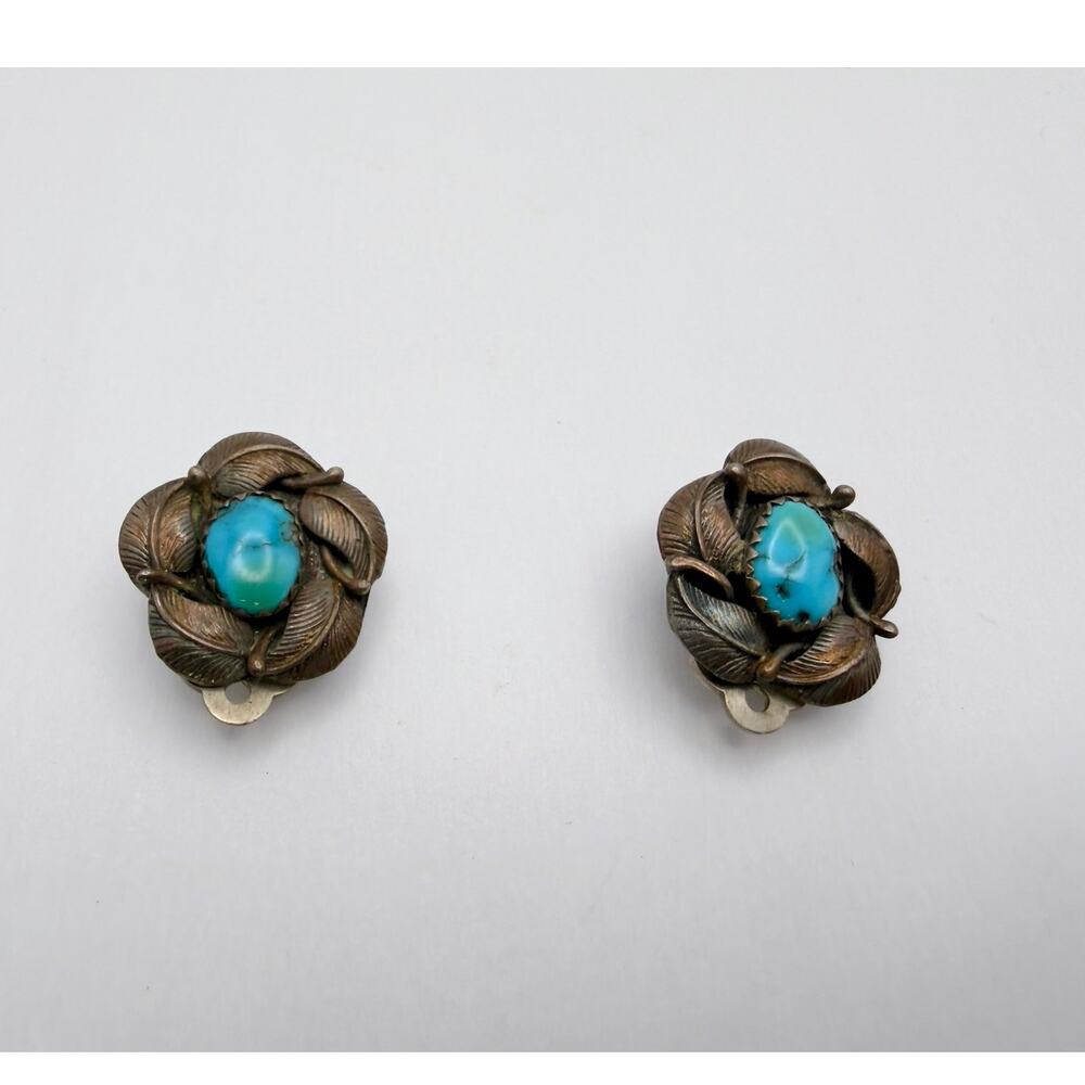 Vintage 50s Navajo Sterling Silver Turquoise Leaf Clip On Earrings Old Pawn "J"